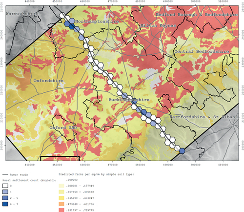 Figure 9. Part of RoLCAP’s predictive model with EngLaId ‘corridor’ Roman settlement data (Chadwick and Green Citation2020).