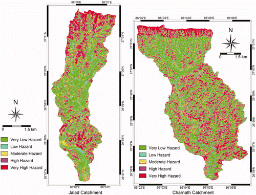 Figure 14. Landslide hazard zonation maps of both catchments after logistic regression modelling. Available in colour online.