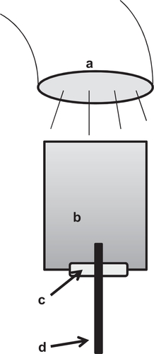 Figure 1 Schematic diagram of the heat measurement, showing the light tip of near-infrared light source (a), the culture medium in a well of multiplate (b), the silicon rubber packing (c), and the inserted probe of the thermometer (d).