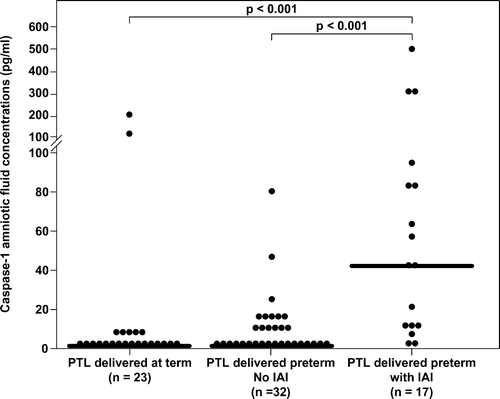 Figure 2. Amniotic fluid concentrations of caspase-1 in women with preterm labor. Among patients with spontaneous PTL, those with intra-amniotic infection/inflammation (median 41.4 pg/mL, range 0.0–515) had a significantly higher median amniotic fluid caspase-1 concentration than those without intra-amniotic infection/inflammation who delivered preterm (median 0.0 pg/mL, range 0.0–78.4) and than those who delivered at term (median 0.0 pg/mL, range 0.0–199.5); p < 0.001 for both comparisons.