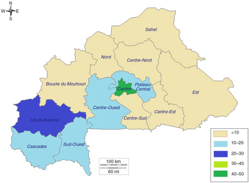 Fig. 3 Mapping of prevalence of modern contraception use among sexually active adolescents by region, Burkina Faso.Source: 2010 Demographic and Health Survey.