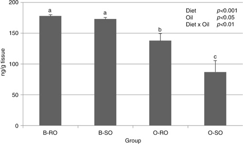 Fig. 2 SREBP-1c content in the liver of rats. Groups B-RO and B-SO were fed with a basal diet containing rapeseed oil or strawberry seed oil, respectively, as the source of fat. Groups O-RO and O-SO were fed with an obesogenic diet containing rapeseed oil or strawberry seed oil, respectively. The results are presented as the mean±SEM. Mean values with unlike letters (a, b, c) were significantly different in Duncan's post hoc test (P<0.05).