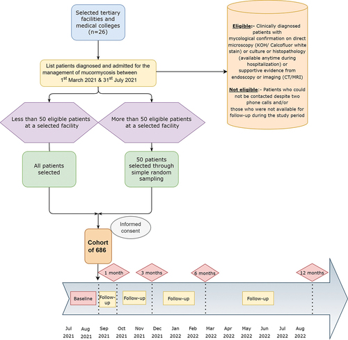 Figure 1. Flowchart depicting participant selection process and establishment of the cohort of hospitalised mucormycosis patients, India, 2021.