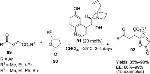 Figure 30 Michael addition of γ-substituted butenolide to α,β-unsaturated esters catalyzed by quinine-derived catalyst.