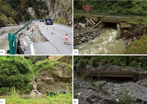 Figure 4. Debris flow damage to the highway: (a) The trunk stream eroded the roadbeds; (b) Debris flow scoured the culverts; (c) Debris flow materials buried the pavements; (d) Debris flow materials blocked the bridges.