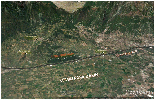 Figure 8. Google Earth image showing the trapezoidal facets observed along the Kemalpaşa fault.