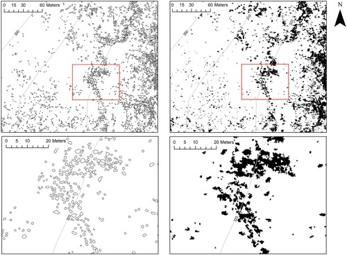 Figure 5. Comparison of the visualisation quality of large scale boulder structures and small scale individual boulders, between the manual digitisation (left) and automatic classification (right) approaches. Red frame marks the extent of the visualisations in the lower panels.