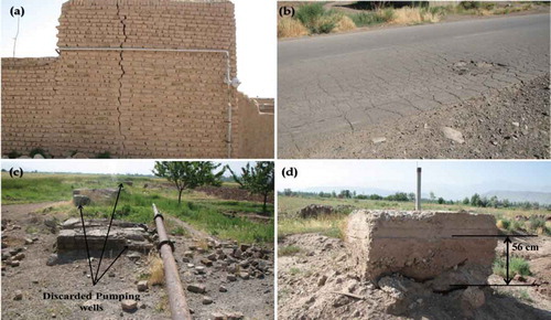 Figure 9. Subsidence evidence in the Marand plain captured during the field visit. Cracks on structures (a), crack and road undulation (b), discarded pumping wells (c) and casing in piezometric boreholes (d).