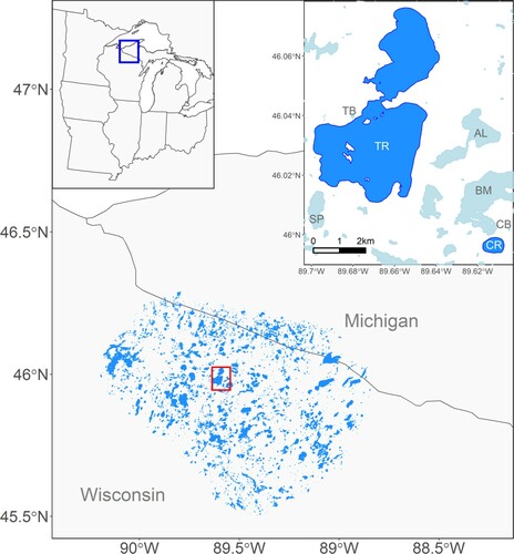 Figure 1. The 3692 lakes and reservoirs simulated for this current study are within the Northern Highlands Lake District (NHLD), located in northern Wisconsin and Michigan, United States. Two of the lakes highlighted in this study, Trout Lake (TR) and Crystal Lake (CR), are within 3.5 km of each other (top right inset map). The remaining North Temperate Lakes Long Term Ecological Research lakes (Allequash Lake, AL; Big Muskellunge Lake, BM; Sparkling Lake, SP) and bogs (Crystal Bog, CB; Trout Bog, TB) are also displayed.