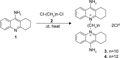 Figure 7 Image of compound synthesis.Note: Tricyclic aromatic amine 1 was heated together with alkyl dichloride 2, linking the two acridine moieties with an alkyl chain.