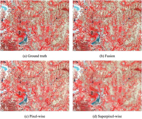 Figure 8. Ground truth image and corresponding reconstruction results from the pixel-wise, superpixel-wise, and fusion-wise models