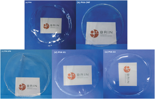 Figure 7. Product sample of (a) PVA. (b) PVA CMF, (c) PVA UFG, (d) PVA U1, and (e) PVA U2.