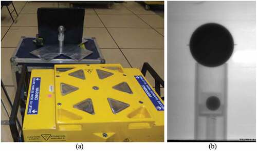 Fig. 8. (a) Setup for a radiograph of the BeRP ball using a Betatron. (b) Resulting radiograph of the BeRP ball