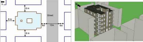 Figure 4. (Left) site plan and presumed neighboring building modeled in IDA ICE, (Right) A three-dimensional picture of the base case building and its surroundings modeled in IDA ICE.