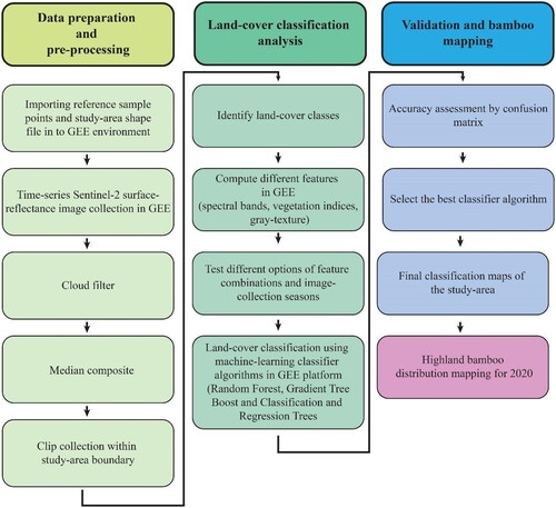 Figure 2. Methodological framework implemented to execute LULC classification and bamboo cover mapping.