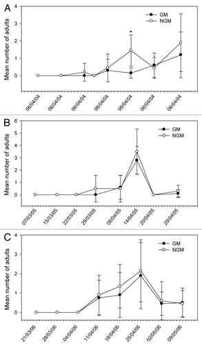 Figure 3. Mean number of nymphs and adults of Pentatomidae sampled in plant canopy of genetically modified (GM) and non-genetically modified common bean plants (NGM), in 2 m of row, in eight sampling dates in 2004 (A), 2005 (B), and 2006 (C). Asterisk in the specific sample date indicates that treatments are significantly different (Tukey’s test of transformed data using x+1; P < 0.05).