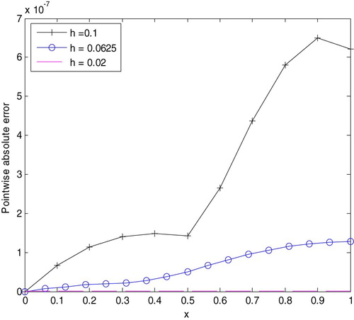 Figure 4. Pointwise absolute errors for Example 4.2 with different values of h.