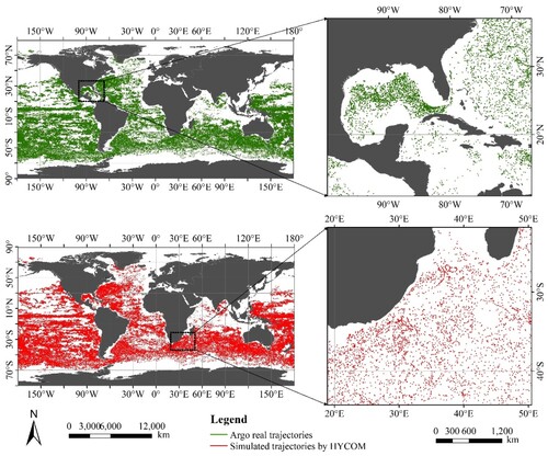 Figure 8. Original and simulated trajectories of global Argo floats on the sea surface.