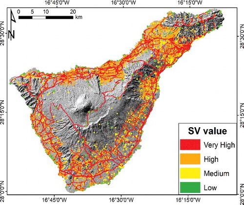 Figure 8. Classified Elements at Risk map for the Island of Tenerife. The Strategic Vulnerability value is referred to the Emergency Phase scenario.