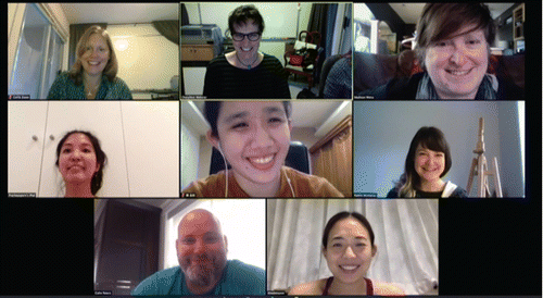 Figure 1. CiiAT Class Online. Top row, left to right: Michelle Winkel, CAJ, Madison Mikel. Middle row, left to right: Patty Prachayaporn Vorananta, Pin-ju Chen, Kaitlin Jane. Bottom row, left to right: Colin Peters, Piyatchit Panomvana.