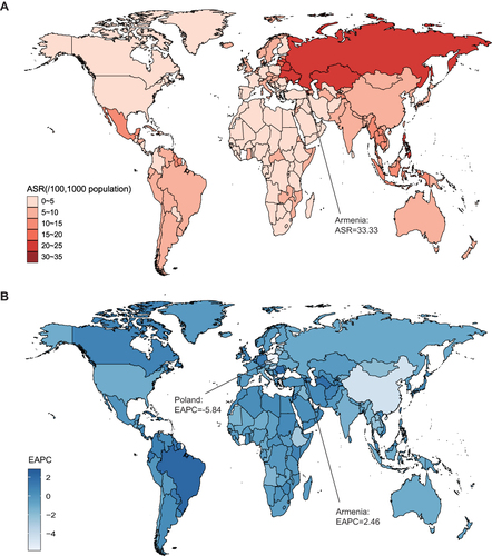 Figure 2 The global ASR (per 100,000) and EAPC of DALYs on urolithiasis, by country and territory. (A) The ASR of DALYs in 2019. (B) The EAPC of DALYs from 1990 to 2019.