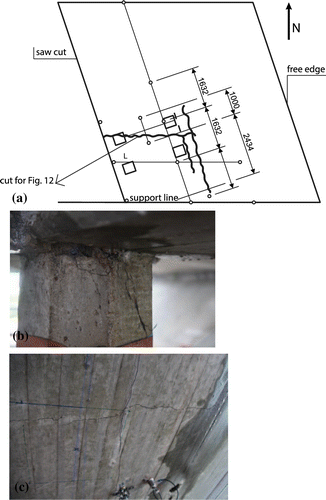 Figure 11. Cracks in span 2 after experiment, bottom side of bridge deck: (a) sketch of cracks; (b) damage to the pier; and (c) photograph of cracks on bottom of bridge slab.