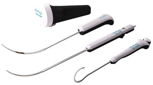 Figure 2 The iO-Flex® system consists of (from top to bottom) a distal handle, a MicroBlade Shaver® instrument (available in 5.5 mm, 7.5 mm [shown], 10 mm, and 12 mm widths), the Neuro Check® device, and a probe (ipsilateral [shown], contralateral [not shown]).