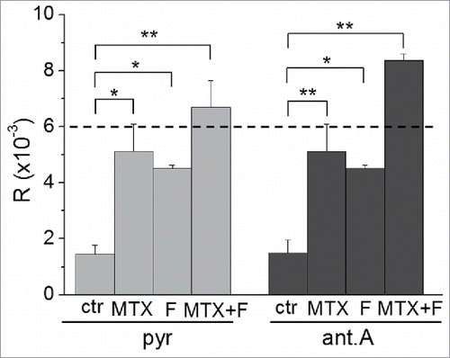Figure 2. Effects of MTX and/or F on the inhibition of AH130 cell recruitment to S by pyruvate or antimycin A. R values (DPM 14C-thymidine incorporated per 106 viable cells in the interval 16.5–18 h of incubation) were determined in the absence (dashed line) or the presence of 10 mM pyruvate (light gray) or 6 μM antimycin A (dark gray), without (ctr) or with 10 nM MTX and/or 50 μM F, and are means ± SEM of 5 independent experiments. Significance of differences was evaluated by the Student's t test for paired samples (*p < 0.05; **p < 0.02).