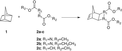 Figure 1. Cycloaddition reaction of quadricyclane (1) and dialkyl azodicarboxylates (2) and three derivatives (2a, 2b and 2c).