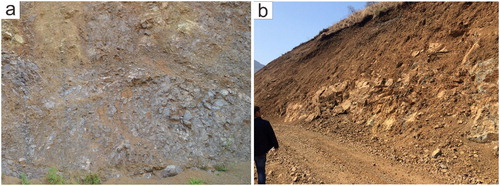 Figure 2. The outcrop fractured basalt rock mass. (a) Reticular fissures of basalt rock mass. (b) Weathered basalt. Source: Author.