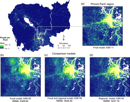 Figure 3. Illustration of different aggregated ASR units for the Phnom Penh region in Cambodia, highlighting the improved output of the random forest parameterization using census input from Vietnam in the (c) Regional model compared to the (a) Focal or (b) F + R models.