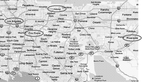 Figure 2. Map of Southern California with sampling locations circled, as well as the location of downtown Los Angeles.