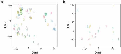 Figure 2. Multidimensional scaling analysis of the gene expression and adipogenic transcription factor binding in differentiating adipocytes. (a) Reads count in genes from RNA-Seq samples (n = 98) were transformed using variance stabilization transformation (VST) and used as an input to multidimensional scaling (MDS). The first two dimensions are shown. Numbers represent the differentiation stage of the samples (0, non-induced; 1, early; 2, intermediate; 3, late-differentiation). (b) Reads count in peaks of a subset of ChIP-Seq samples (n = 22) were transformed using VST and used as an input in MDS. The first two dimensions are shown. Numbers represent the antibody used in each sample (1, CEBPB; 2, PPARG). Colours represent the origin study of the sample.