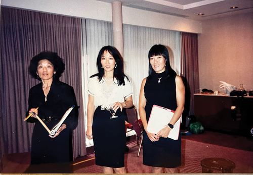 (L-R) Emma Gee, Akemi Kikumura, and Amy Uyematsu. Pacific Asian American Women WritersWest performs dramatic literary reading at first national conference of Asian American Journalists Association, Los Angeles Hilton, September 26 1987. Courtesy of Emma Gee Papers IP and Marjorie Lee (UCLA Asian American Studies Center Library and Reading Room).