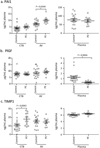 Figure 2. a, b, c Concentration of PAI1, PIGF, TIMP1 in PE and healthy pregnant women. Prospectively banked plasma samples collected at 34–36 weeks of gestation from 10 pre-eclampsia and 20 matched healthy pregnant patients were assayed for Plasminogen Activator Inhibitor; Type I (PAI1), Placental Growth Factor (PlGF), and Tissue Inhibitor Of Metalloproteinases 1 (TIMP1) in the plasma, plasma CTB-EV and plasma AV-EVs.