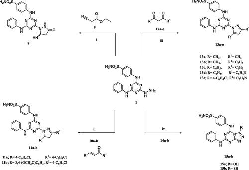 Scheme 2. Synthetic pathway of target sulphonamides 9, 11a,b, 13a–e, and 15a,b.