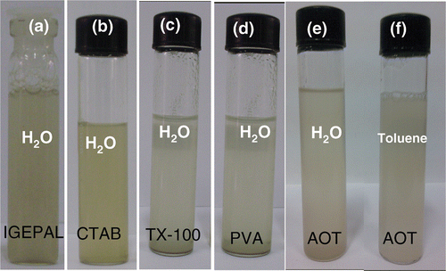 Figure 4. Photographs of dispersions of nanodiamond induced by (a) IGEPAL, (b) CTAB, (c) TX-100, (d) PVA and (e) AOT in water and (f) AOT in toluene.
