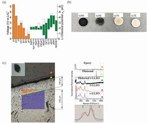 Figure 3. LLZO chemical stability toward metallic Li. (a) First principle calculated electrochemical window (solid color bar) of the solid electrolyte and other materials. The oxidation potential to fully delithiate the material is marked by the dashed line[Citation54]. Reproduced with permission[Citation54]. Copyright 2015, American Chemical Society. (b) A photograph to show that the interface of Nb-substituted LLZO were reduced by Li metal (black color) after in contact for 60 days while Ta-substituted LLZO stayed the same color[Citation55]. Reproduced with permission[Citation55]. Copyright 2015, Elsevier. (c) Raman mapping of the Li6.4Fe0.2La3Zr2O12; the picture (left) shows a cross section after the solid electrolyte has been in contact with metallic Li, spectra for different areas of the cross section (top right) and magnification of the shaded area in spectra. [Citation112] Reproduced with permission[Citation112]. Copyright 2018, American Chemical Society.