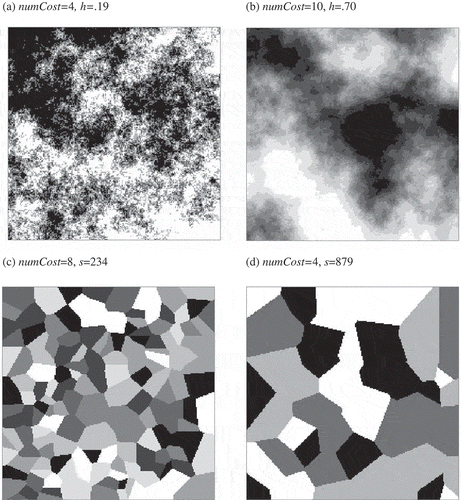 Figure 2. Examples of (a) and (b) cloudy cost surfaces and (c) and (d) patchy cost surfaces. Note that darker shades represent higher values