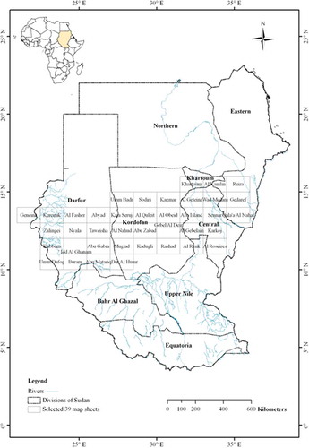 Fig. 1 Map shows administrative divisions (in bold letters) of Sudan and the 39 grid cells (1.0° latitude × 1.5° longitude) utilized in the study.