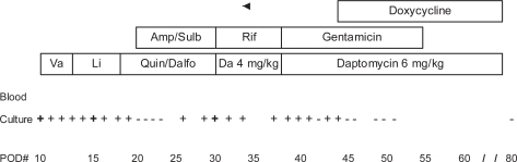 Figure 1 Patient course in relation to blood culture results and antimicrobial therapy.Abbreviations: Va,vancomycin; Li, linezolid; Amp/Sulb, ampicillin/sulbactam; Quin/Dalfo,quinprisitin/dalfopristin; Rif, rifampin; Da, daptomycin