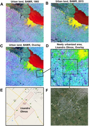 Figure 5. Urban land expansion in BAMR. (A) Urban land classification of Landsat image (path 225 row 084, BAMR) for June 1985 from USGS Glovis. (B) Urban land classification of Landsat image (path 225 row 084, BAMR) for July 2015 from USGS Glovis. (C) Figure 5(A) merged with 5B. Yellow: 1985 urban land; Green: 2015 urban land. (D) Lisandro Olmos (dashed box) is a newly urbanized area in BAMR. (E) Google Map image showing the boundary of Lisandro Olmos. (F) Google Earth satellite image showing the urban extent of Lisandro Olmos in July 2015. (Color online.)