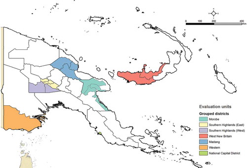 Figure 2. Evaluation units of grouped districts, Global Trachoma Mapping Project, Papua New Guinea, 2015; Morobe (Markham, Nawae, Huon), Southern Highlands (East; Mendi-Munihu, Imbonggu, Ialibu/Pangia), Southern Highlands (West; Nipa/Kutubu, Kagua/Erave), West New Britain (Talasea, Kandrian-Gloucester), Madang (Madang, Middle Ramu, Usino Bundi), Western Province (South Fly, Daru), National Capital District.