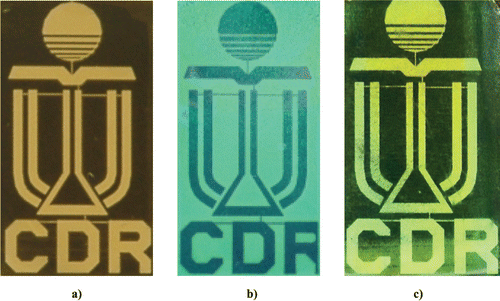 Figure 16 Photoaligned bistable FLC display with dichromatic, two color, a), b) Citation29 and almost achromatic, black/white, c) Citation30 switching.