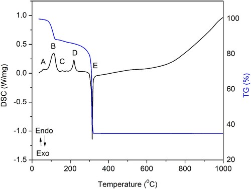 Figure 1. TGA/DSC of the N-ion doped ZnO precursor (zinc nitrate hexahydrate and ammonium bicarbonate) after mechanical mixing. Four endothermic (A. B, C, and D) and one exothermic (E) peak can be distinguished, followed by the overall mass decrease.