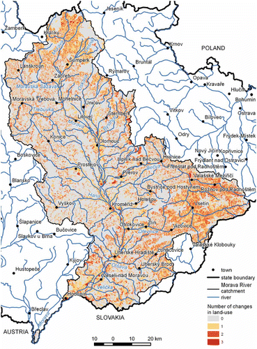 Fig. 2 Changes in land use of the River Morava catchment (from its source to the Dyje mouth) between the years 1836–1841 and 2002–2006.