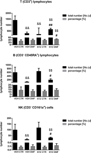 Figure 2 The percentage and total number of T (CD3+), B (CD3−CD45RA+), NK (CD3−CD161a+) lymphocytes in the peripheral blood mononuclear cells (PBMC) analyzed by flow cytometric method in aged rats subjected to dimethyl fumarate (DMF) or control therapy (CTR) initiated on day 0 (0.4% DMF or standard rat chow) and intracerebroventricular injection of streptozotocin (STZ) or vehicle (VEH) on days 2 and 4.