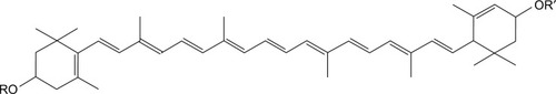 Figure 1 Molecular structure of LE. RO and OR′ are fatty acids.Abbreviation: LE, lutein ester.
