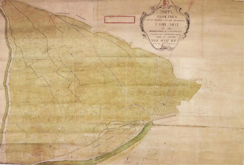 Figure 3. ‘Plan géométrique de la plaine de Champsec/Sion’ digitalised with Agisoft Photoscan (CitationBrandolini & Patrucco, 2019) (Courtesy of ©Archives de l’Etat du Valais, AEV, ABS 99/36). The map is oriented with South at the top of the map.