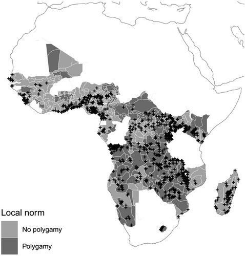 Figure 1. Pre-colonial polygamy and locations of colonial-era Christian missions.